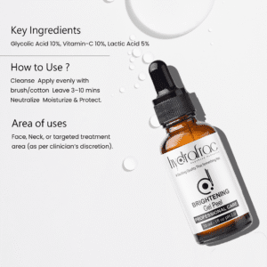 HFP-005 HydraFrac Brightening Peel Professional Brightening Peel formulated with Glycolic Acid 10%, Vitamin-C 10%, Lactic Acid 5% for advanced dermatology applications. HydraFrac Brightening Peel is a clinical-strength peel developed to address specific skin concerns with Glycolic Acid 10%, Vitamin-C 10%, Lactic Acid 5%. HydraFrac Dermatology / Cosmetology (Peels) ₹4,000 30 ml Brightening Peel ₹4,000 Professional Peel, Dermatology Consumable, Clinical Use Only Glycolic Acid 10%, Vitamin-C 10%, Lactic Acid 5% Cleanse → Apply evenly with brush/cotton → Leave 3–10 mins → Neutralize → Moisturize & Protect. Face, Neck, or targeted treatment area (as per clinician’s discretion). Dermatology-exclusive, high-efficacy formulation with optimized pH for safety. Pigmentation | Acne | Brightening | Anti-Aging | Texture Refinement For professional use only. Avoid eye area. Not for at-home use. Protect from sun post-application. "Q1. What is this peel used for? A1. It is designed for melasma, hyperpigmentation, and uneven skin tone. Q2. How does it work? A2. It uses exfoliating and pigment-suppressing agents to break down melanin clusters. Q3. Can it replace laser therapy? A3. It is often used as a supportive treatment; not a replacement for lasers. Q4. What results can patients expect? A4. Gradual lightening of dark spots and improvement in overall tone. Q5. Is it safe for all skin types? A5. Yes, under medical supervision; darker skin tones may require careful monitoring." HydraFrac Brightening Peel is a professional dermatology-grade peel formulated with Glycolic Acid 10%, Vitamin-C 10%, Lactic Acid 5%. It is designed to treat hyperpigmentation, melasma, and uneven tone. With melanin-suppressing actives, it promotes progressive skin lightening and restores uniform complexion. Applied under medical supervision, the peel ensures controlled penetration and predictable results. The procedure involves cleansing, application for 3–10 minutes, neutralization, and post-peel hydration with sunscreen. Manufactured under strict standards, each 30 ml bottle ensures consistency and efficacy. HydraFrac peels are valued by dermatologists and cosmetologists for their safety, precision, and reliability. When integrated into clinical protocols, they deliver superior patient satisfaction with minimal downtime. 24 Months